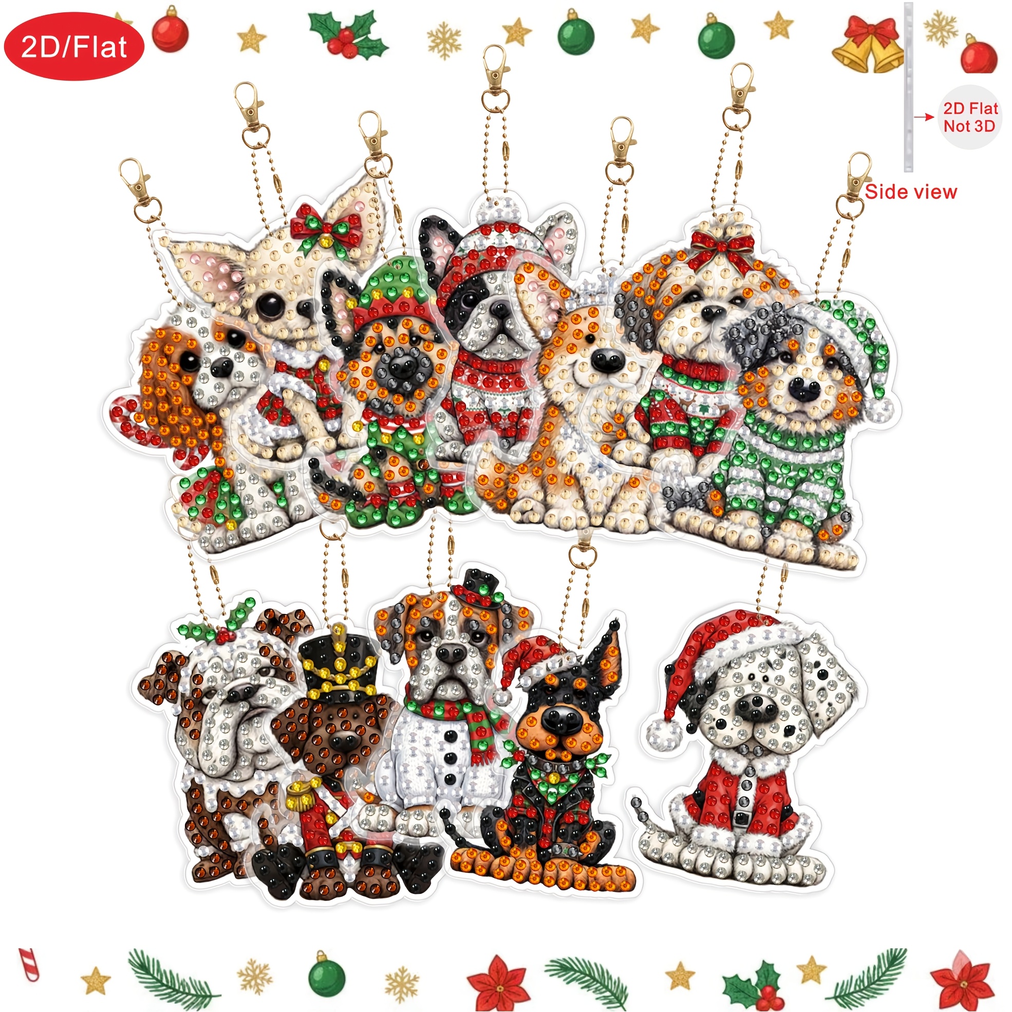 TEMU 2d/flat 12pcs Christmas-themed Puppy Diamond Painting Keychain Pendant Set, Suitable For Adult Double-sided Mosaic Pendant, Creative Decoration