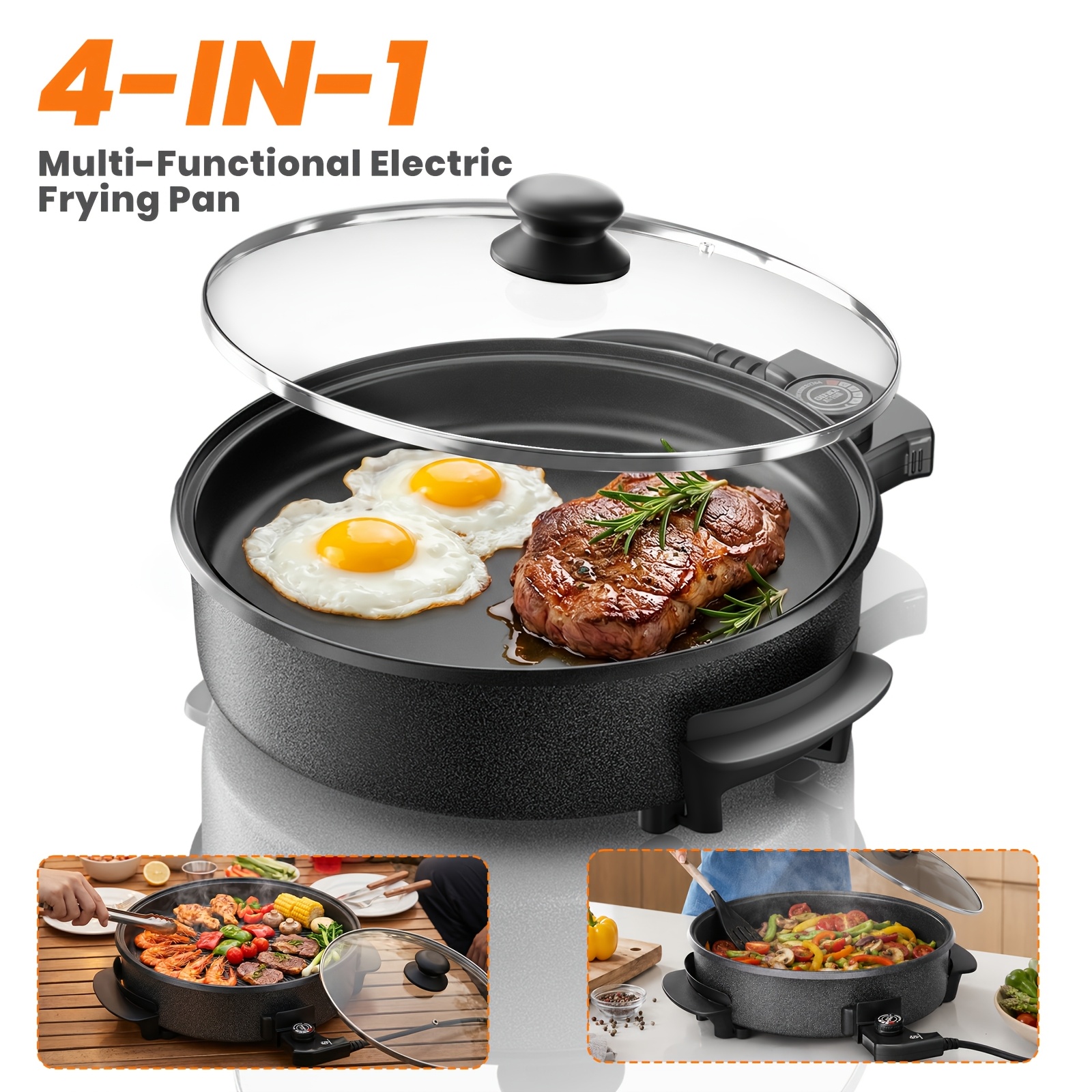 Superlex 500w Fast Heating 4-in-1 Electric Grill Pan, 40cm Large Aluminum Griddle With Detachable Temperature Control, & Tempered Glass Cover For Household Cooking.