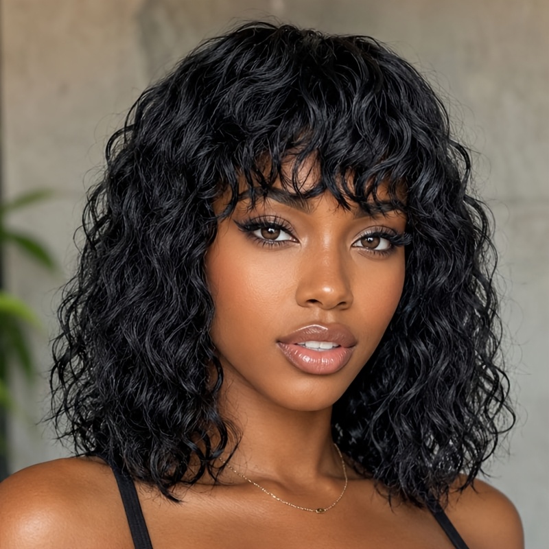 TEMU Perruque Bob en Cheveux Humains avec Frange pour Cheveux Noirs - Coupe Bob Bouclée à d'Eau, 12 Pouces, de Volume pour Dreadlock/Élastique, Tenue