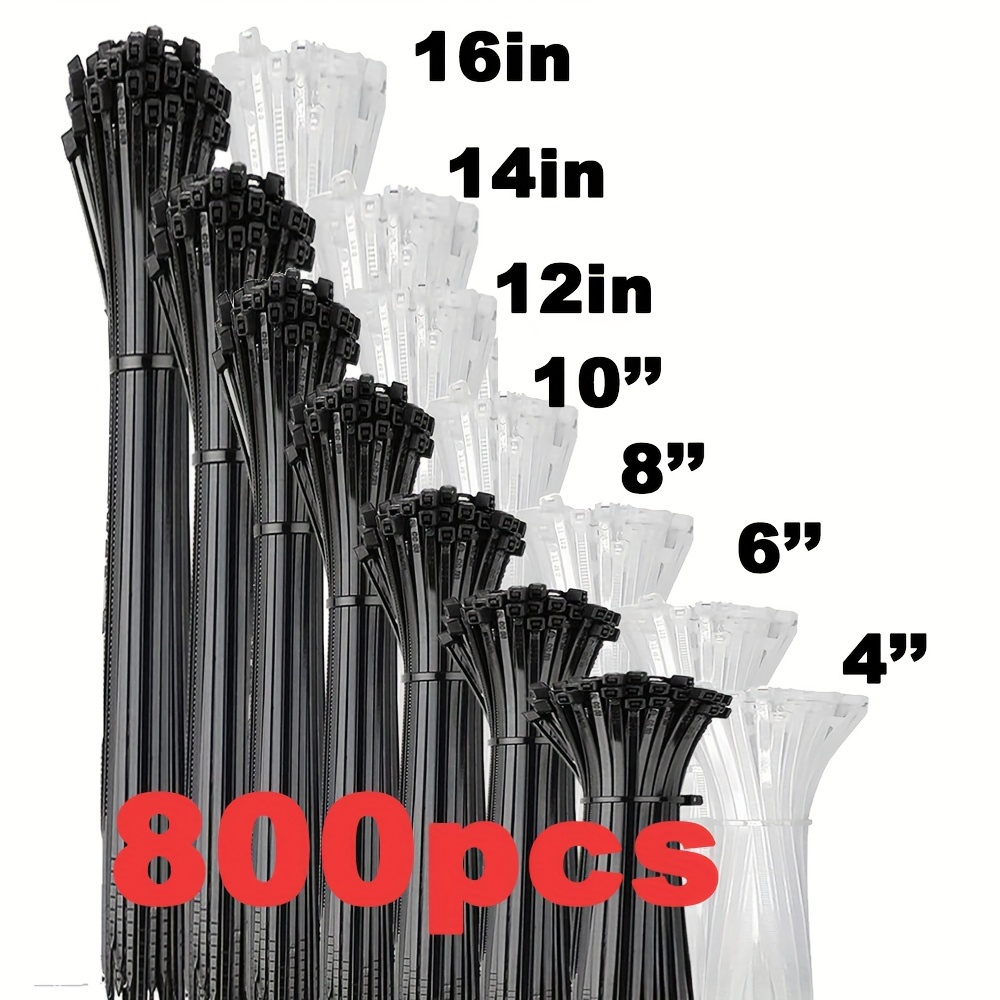 

800 Packs, 4+6+8+10+12+14+16 Zip Ties Assorted Sizes Cable Ties Heavy Duty 40lbs Plastic Wire Ties Uv Resistant Zipties Black Zip Tie Wraps Assortment