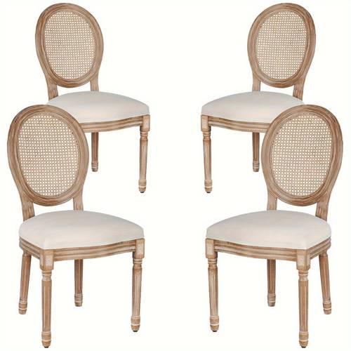 dining chairs set of 4 beige fabric round back with solid wood legs and frame for kitchen bedroom dining room