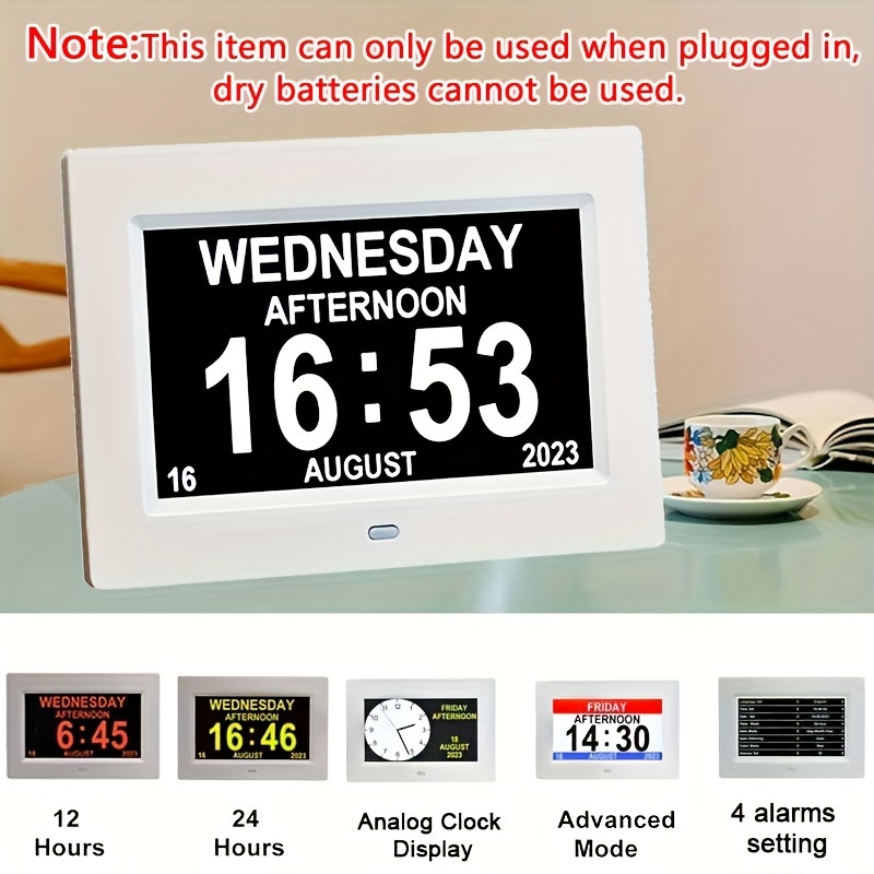 Sveglia Digitale Calendario 1 Pezzo, Lettore Multimediale Cornice Foto,  Icone Sole-luna E Dimmerabili Automaticamente, 4 Opzioni Allarme E 10  Lingue, Orologio Parete Analogico Grande 7 Pollici Telecomando, Anziani  Affetti Demenza Alzheimer