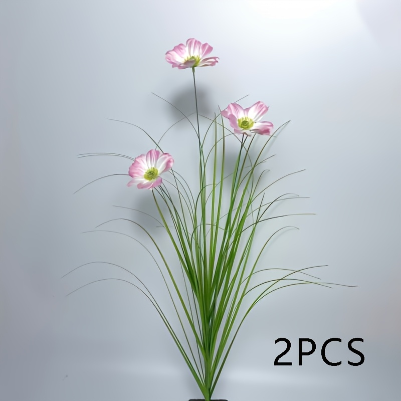 Image of 2pcs Artificial Tall Grass And Pink Flowers, Artificial Ground Plants, Suitable For Room Types, Indoor And Outdoor Home Decoration, Suitable For , Anniversaries, And Easter