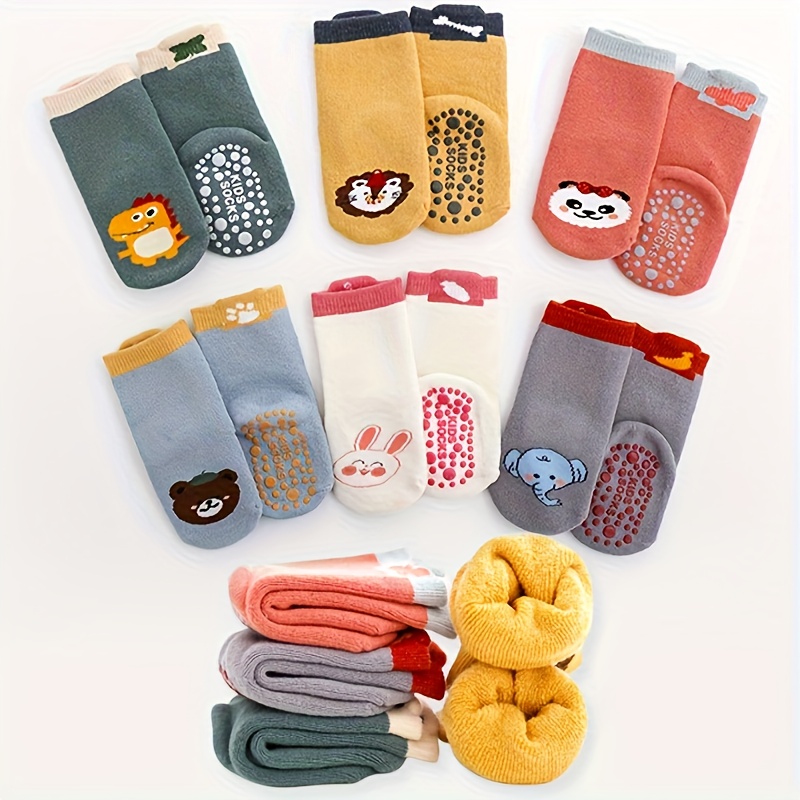 Image of 6 Pairs Toddler Novelty Cartoon Animal Cute Socks, Full Loop Thick Warm Anti-slip Socks With Glue, Warm And Soft Boys Girls Children's Socks, Suitable For Autumn And Winter