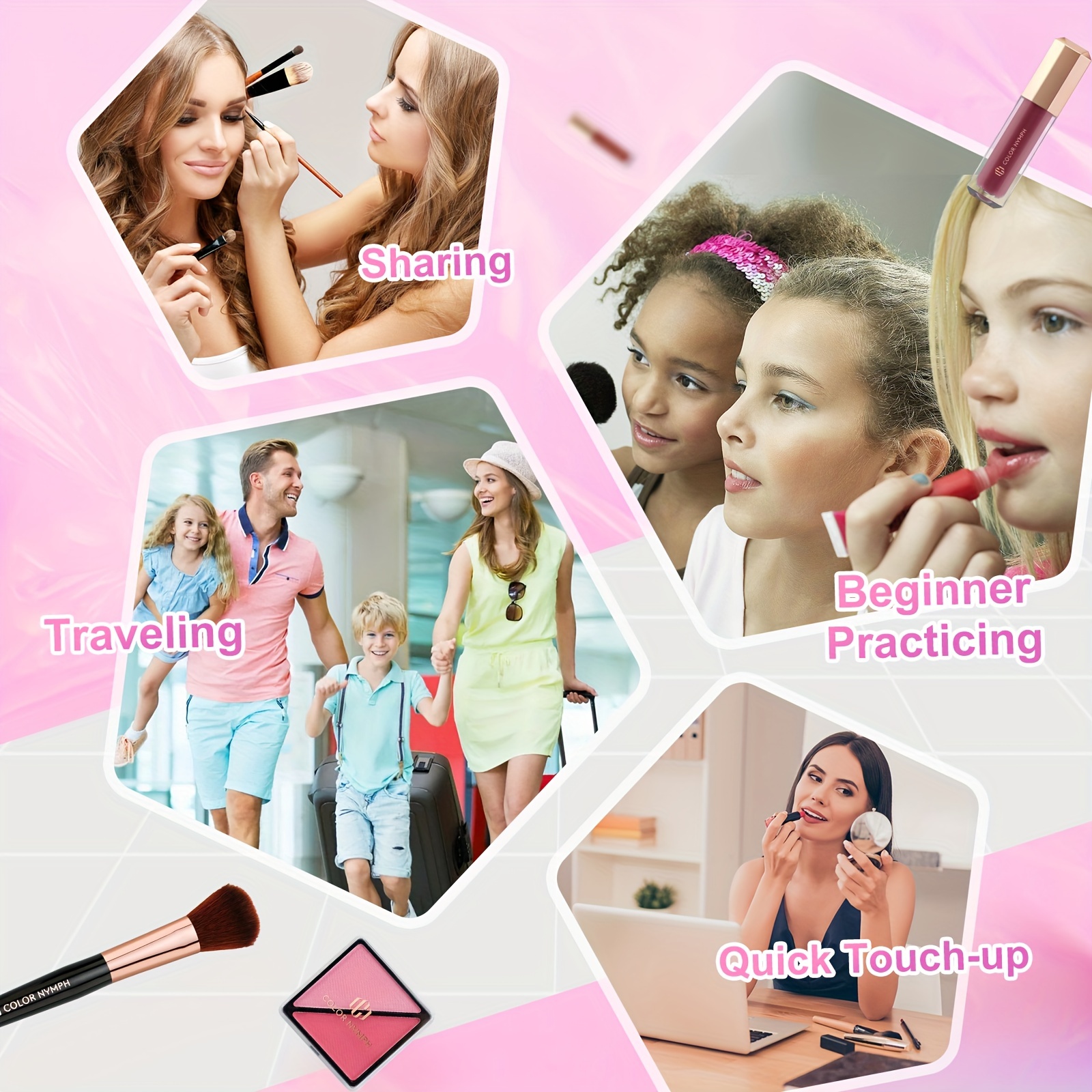 Conjunto de Maquiagem Inicial para Meninas Pré-adolescentes, Estojo de Maquiagem Completo para Mulheres com Sombra, Batom, Blush, Pincéis, Gloss Labial, Máscara de Cílios, Cera para Sobrancelhas e Espelho Rosa Conjunto Completo de Cosméticos Inicial detalhes 7