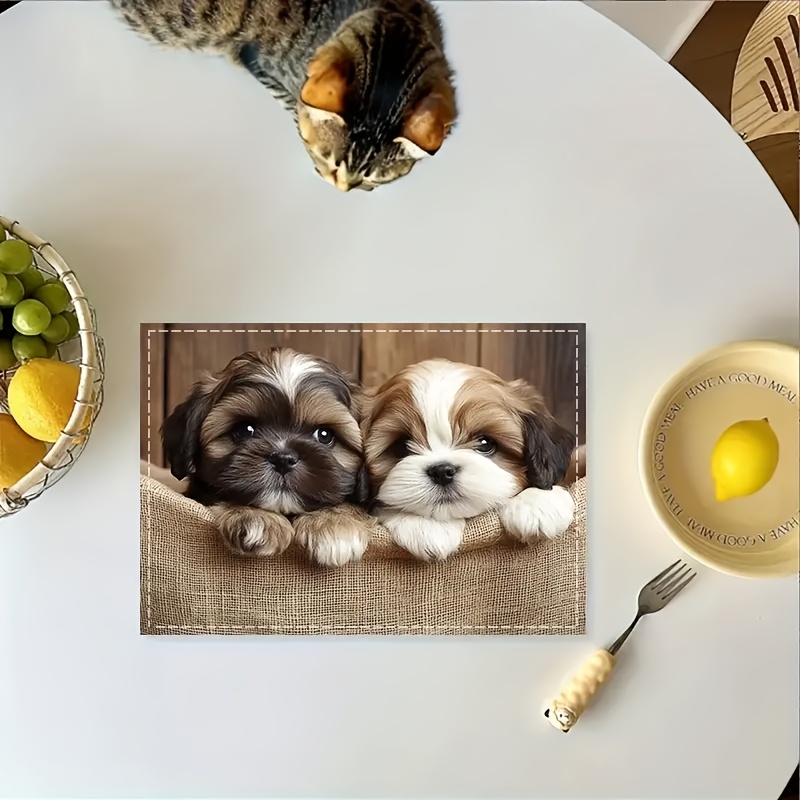 TEMU Of 2, 4, Or 6 Table Mats Featuring Adorable Shih Tzu Puppies In A Flat 2d Design. Durable Polyester Placemats Are Machine Washable And Kitchen