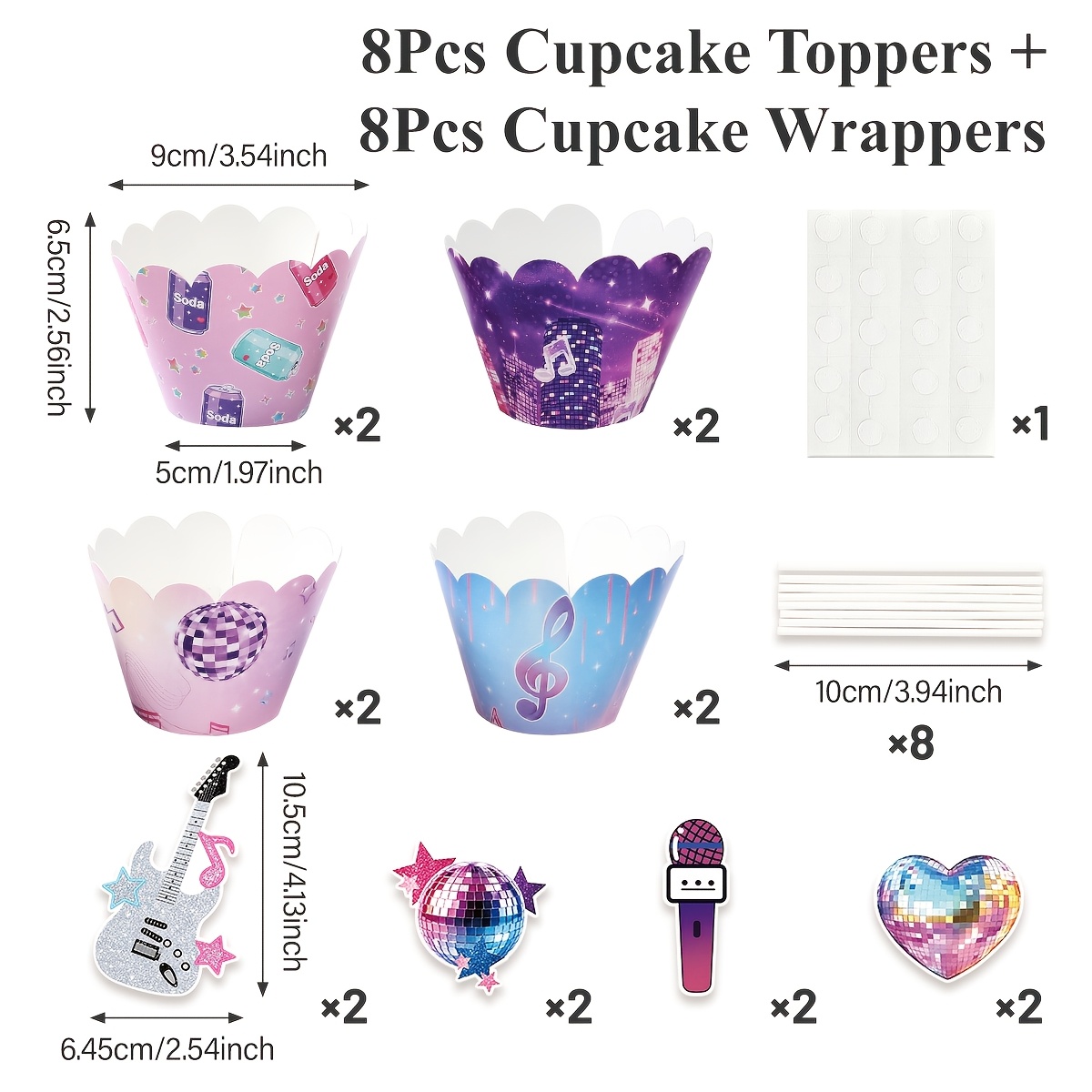 TEMU 8pcs Cupcake Toppers+8pcs Cupcake Wrappers, Cake Decoration, Music Cupcake Decorations, Retro Disco Ball Microphone Guitar Pattern, Disco Music