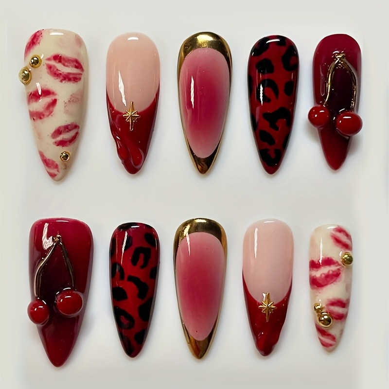 E-shop 30 Stück handgemachte Press-on-Nägel, Mandel-Form, mittlere Rote Kirsche, Falsche Nägel mit 3D-Designs, Leopard-Lippen-Druck, Acryl-Falsche