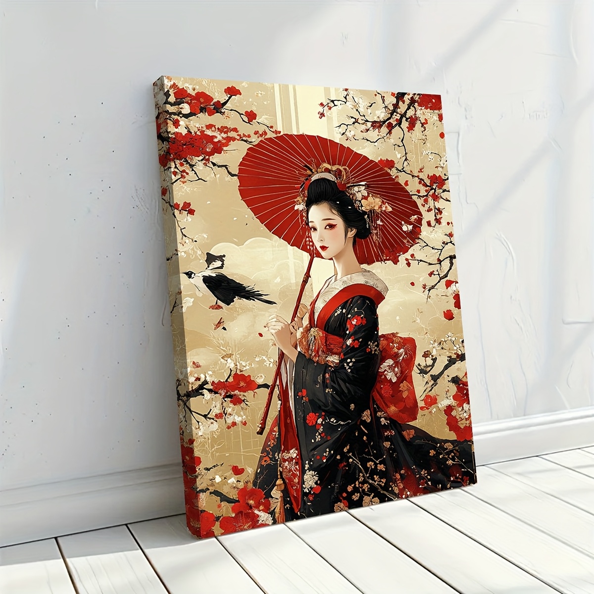 2d 】日本の浮世絵をモチーフにした 桜と傘が描かれた伝統的な芸者