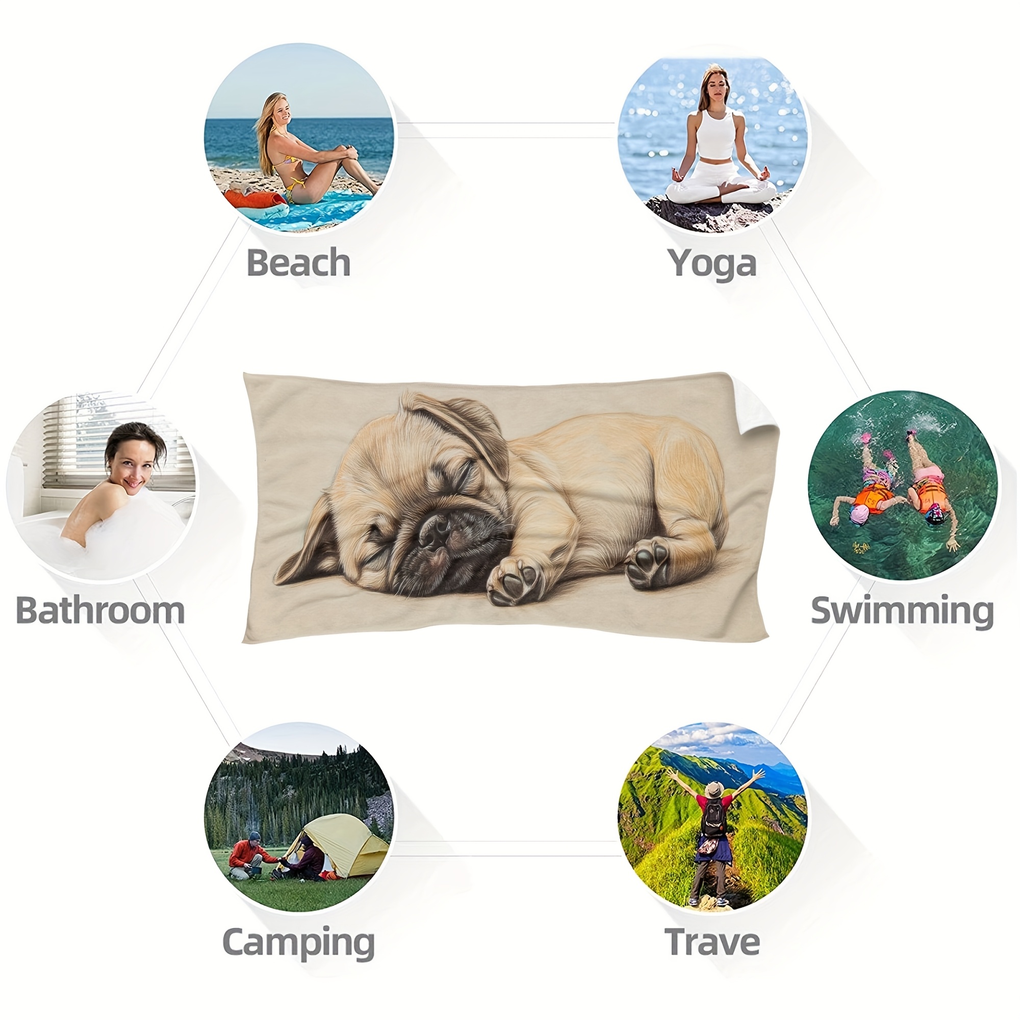 Microfiber Beach Towel With Sleeping Pug Puppy Design Lightweight_voghion.com