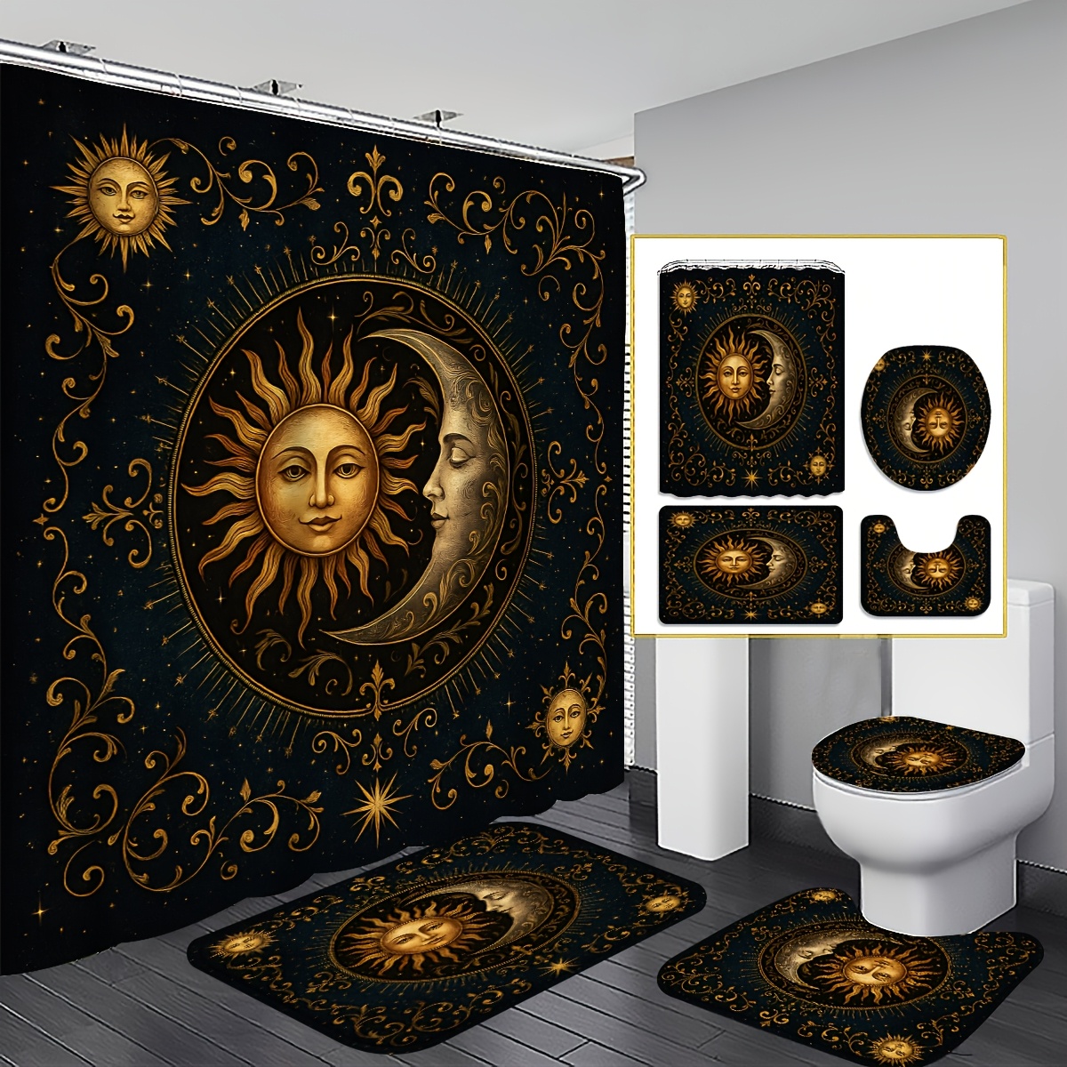 TEMU 4pcs 2d Flat Sun And Moon Astrology Shower Curtain, Celestial Bodies Bathroom Decor, Shower Curtain Set Includes Bath Mat, U-shaped Mat, Toilet