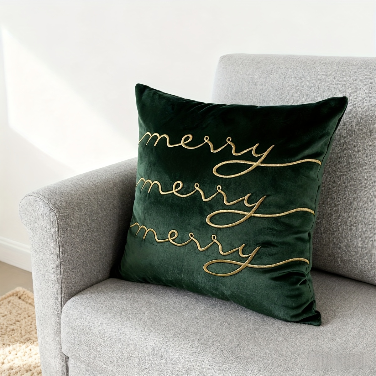 Festive Christmas Pillow Covers Holiday Decor Gift, Golden Metallic Embroidered Letters, Soft Couch Sofa Bedroom Pillowcases, Machine Washable Zippered Cover 18x18 Inch