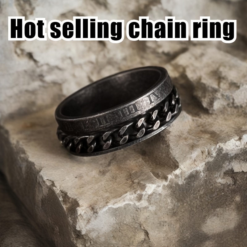 retro style old silvery titanium 304l stainless steel ring rotatable chain ring new roman   ring Product details 0