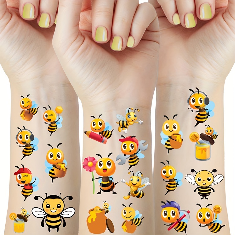 

2-piece Cute Cartoon Bee Temporary Tattoos, Waterproof & Long-lasting Fake Tattoo Stickers For Bee Birthday Party Decorations, Body Art, 15x21cm