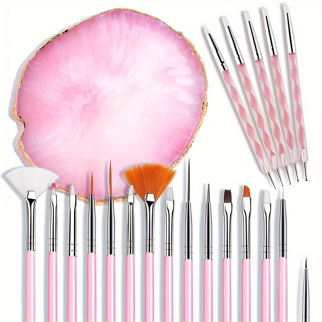 

Kit d'Art d'Ongles 21pcs: 15 Pinceaux, 5 Stylos à Découper et à Pointiller à Double Extrémité, et Palette - Outils de Manucure Formaldéhyde pour Salon à Domicile DIY