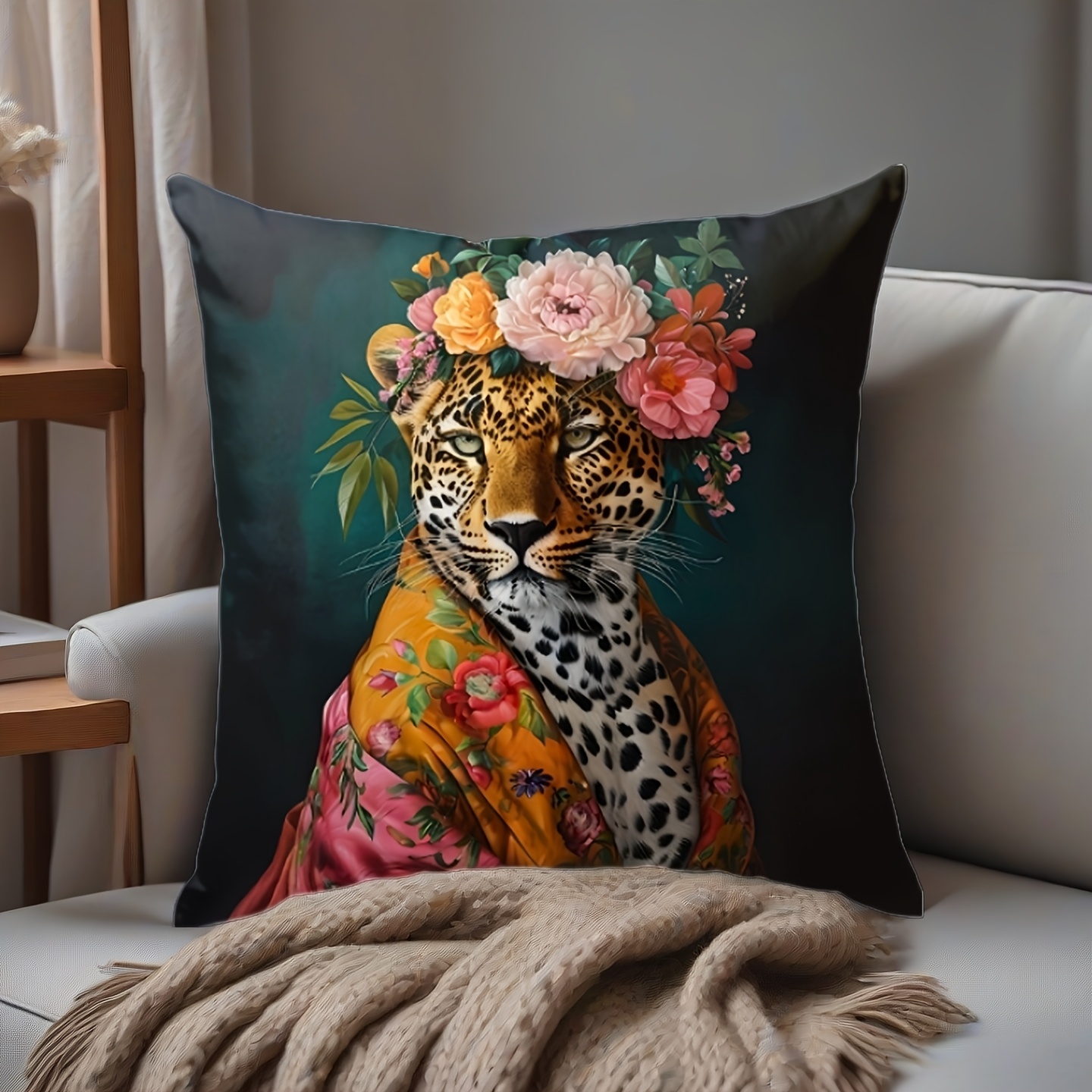 TEMU 1pc Peach Faux Velvet Pillowcase, Artistic Leopard Print! Floral Leopard Cushion Cover, Comfortable And Smooth Texture Polyester Peach Faux
