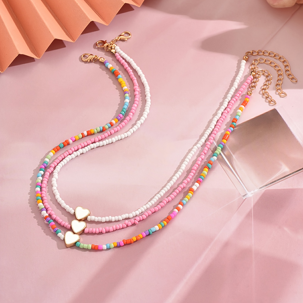 TEMU 3pcs Bohemian Multicolor (pink/white) Beaded Necklace With Heart - Bead For &, Casual Attire, Vacation, Gift - Non-precious Metal Electroplated