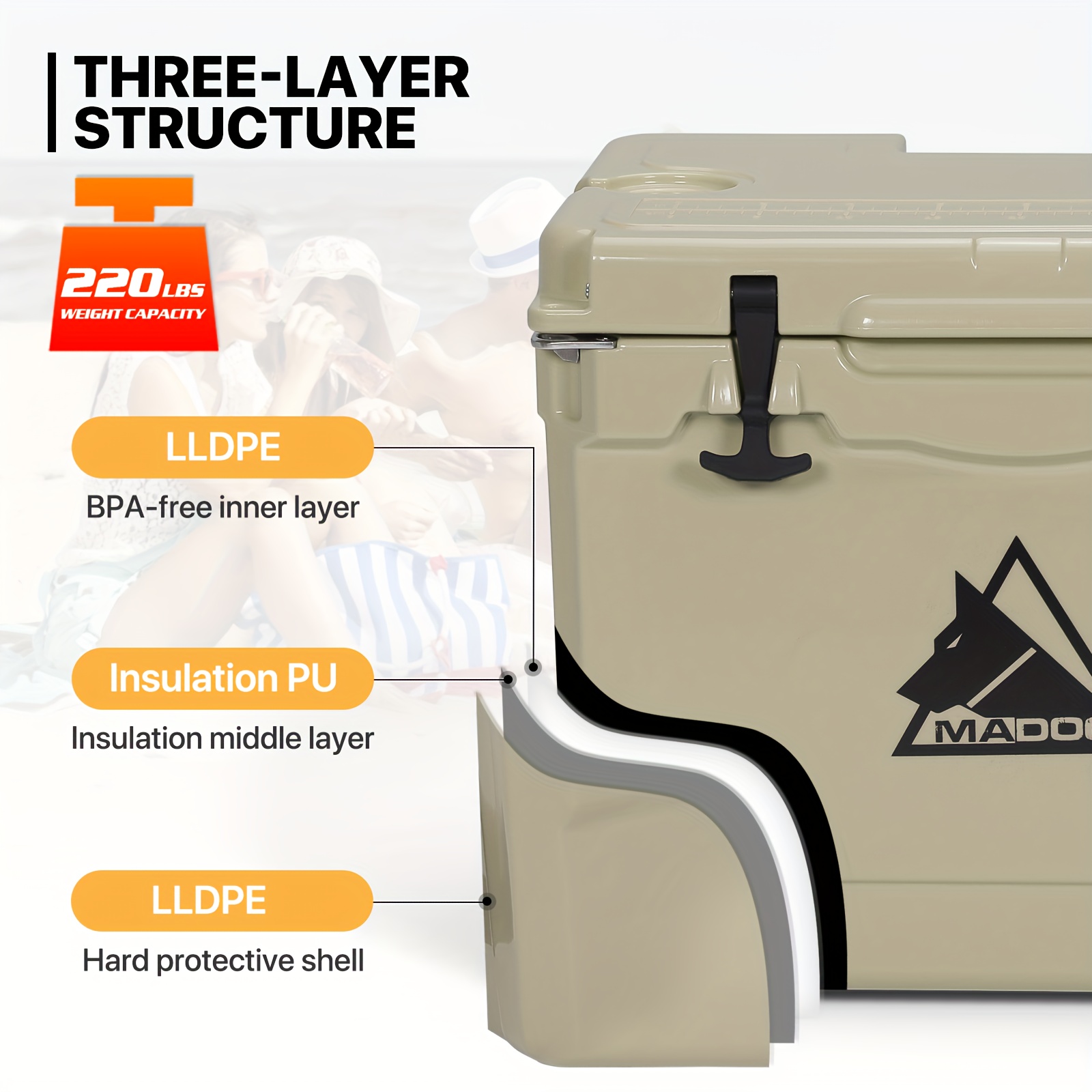 72 Can 42 Quart Towable Ice Chest with Wheels and Cup Holder, Outdoor Picnic Camping Hard Cooler