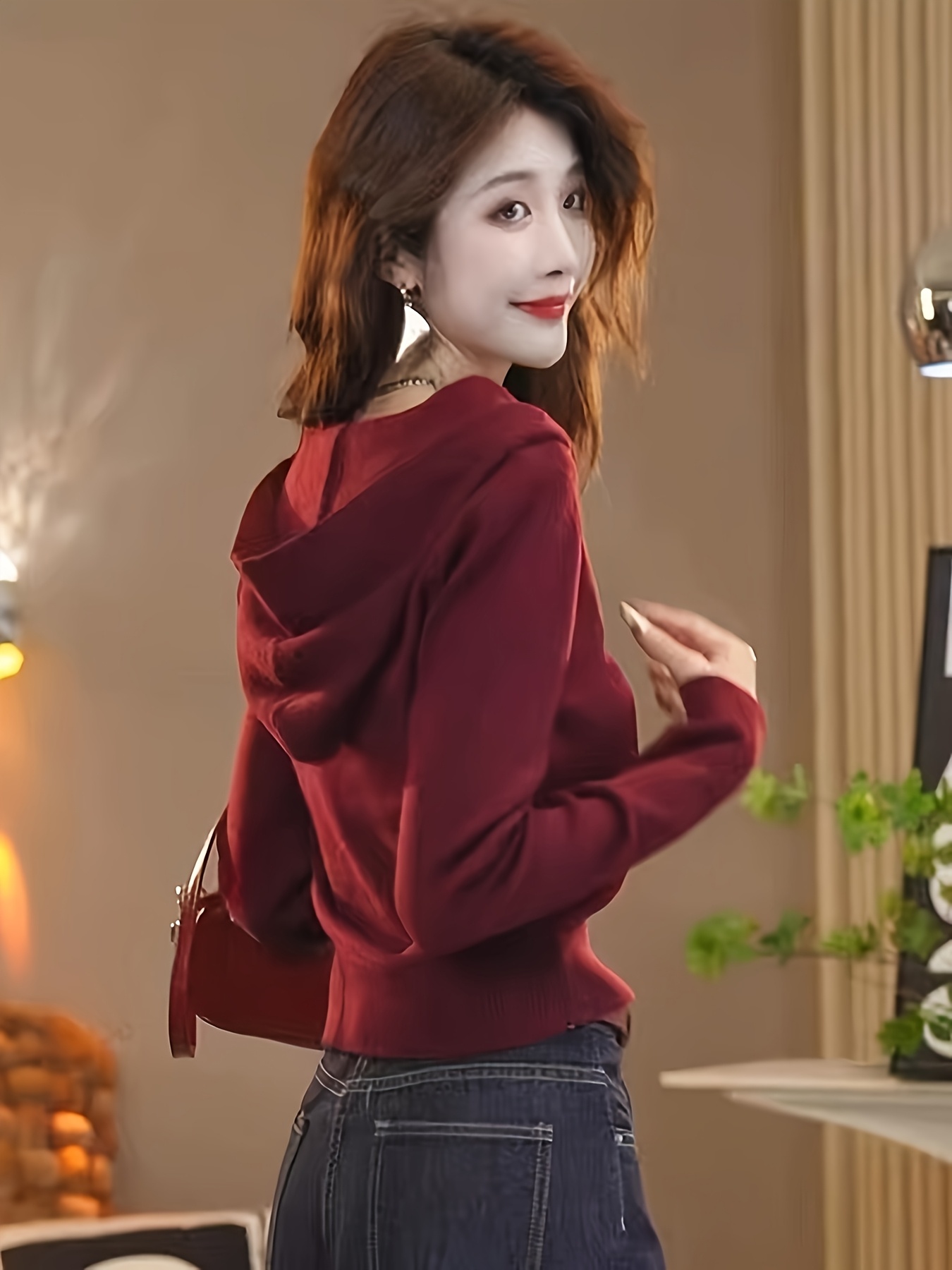 Women's Burgundy Hooded Cropped Sweatshirt Elegant *-Fit Long Sleeve Top  with Front Button Detail, Chic European Style for Spring Fall Casual O