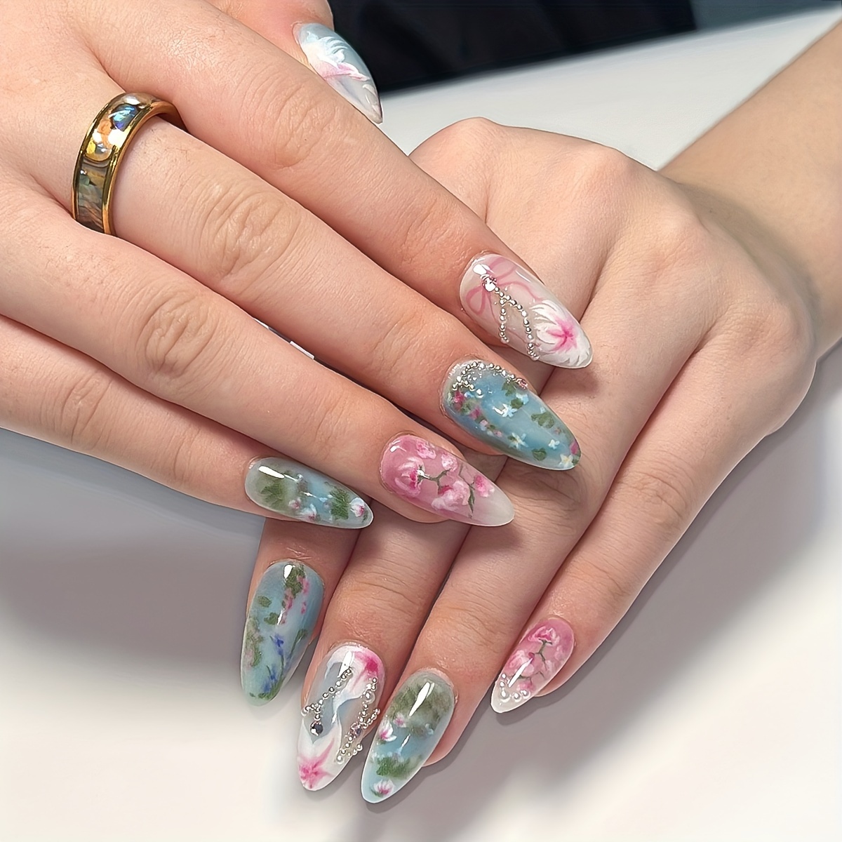 

24-piece Pastel Floral Press-on Nails Kit - Medium Almond Shape, Glossy Finish With Jelly Adhesive & Nail File Included