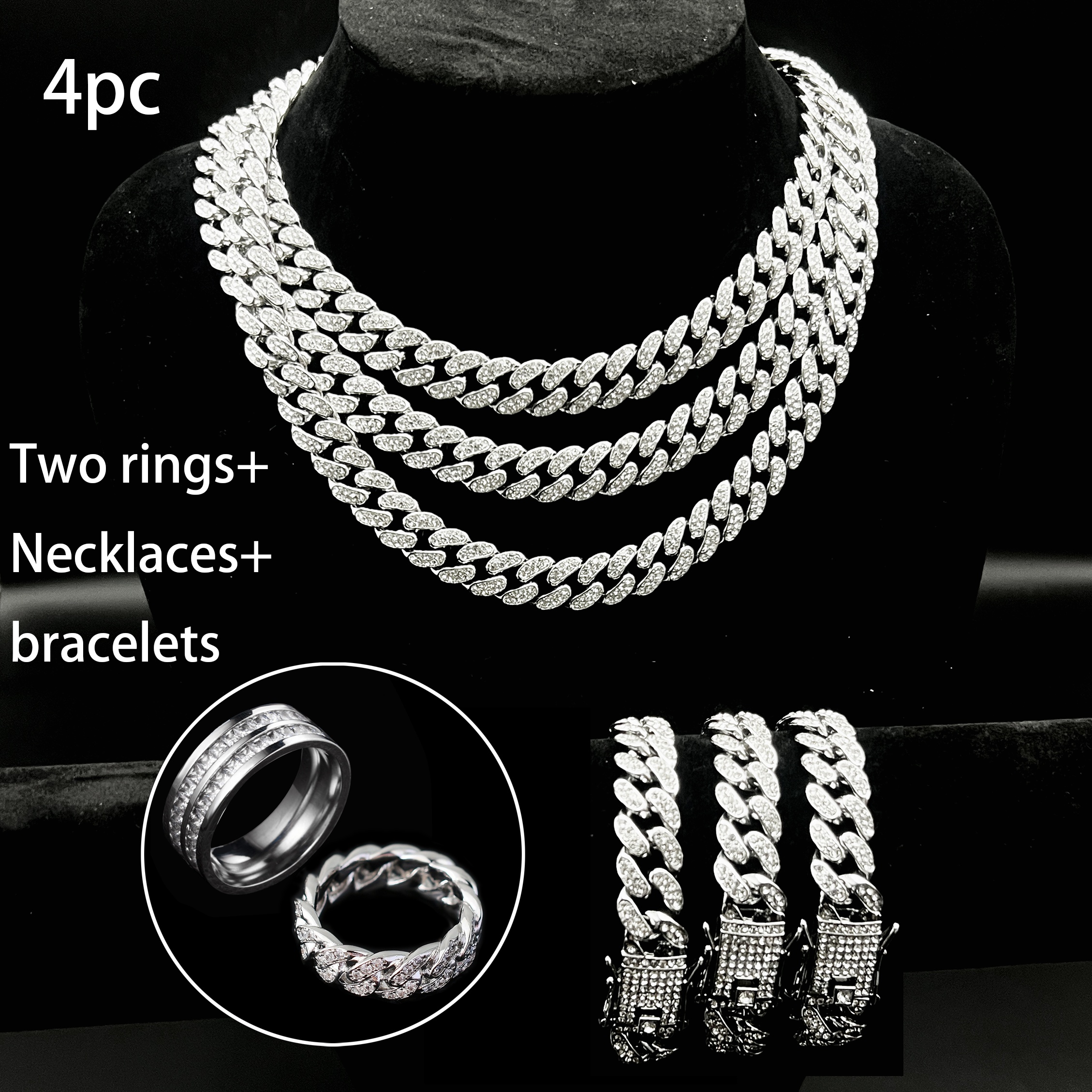 

4pcs Hip Hop Style Jewelry Set, Synthetic Cuban Link Chain, Alloy Necklace, Bracelets, Rings For Men, Ideal For , Parties, Gifts For , , Husband, Friends, Birthday, Anniversary