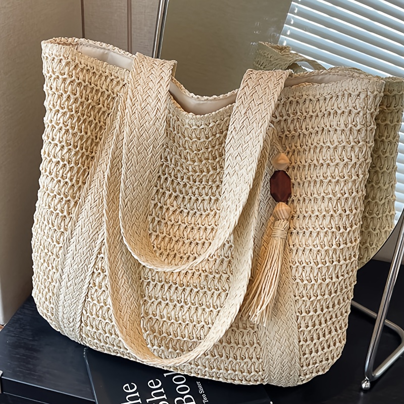 Image of New Women's Fashion Solid Color Straw Woven Handmade Shoulder Bag, Large Capacity With Tassel Decoration Tote Bag, Bag Type Classic Square Bag, Travel Bag Beach Bag