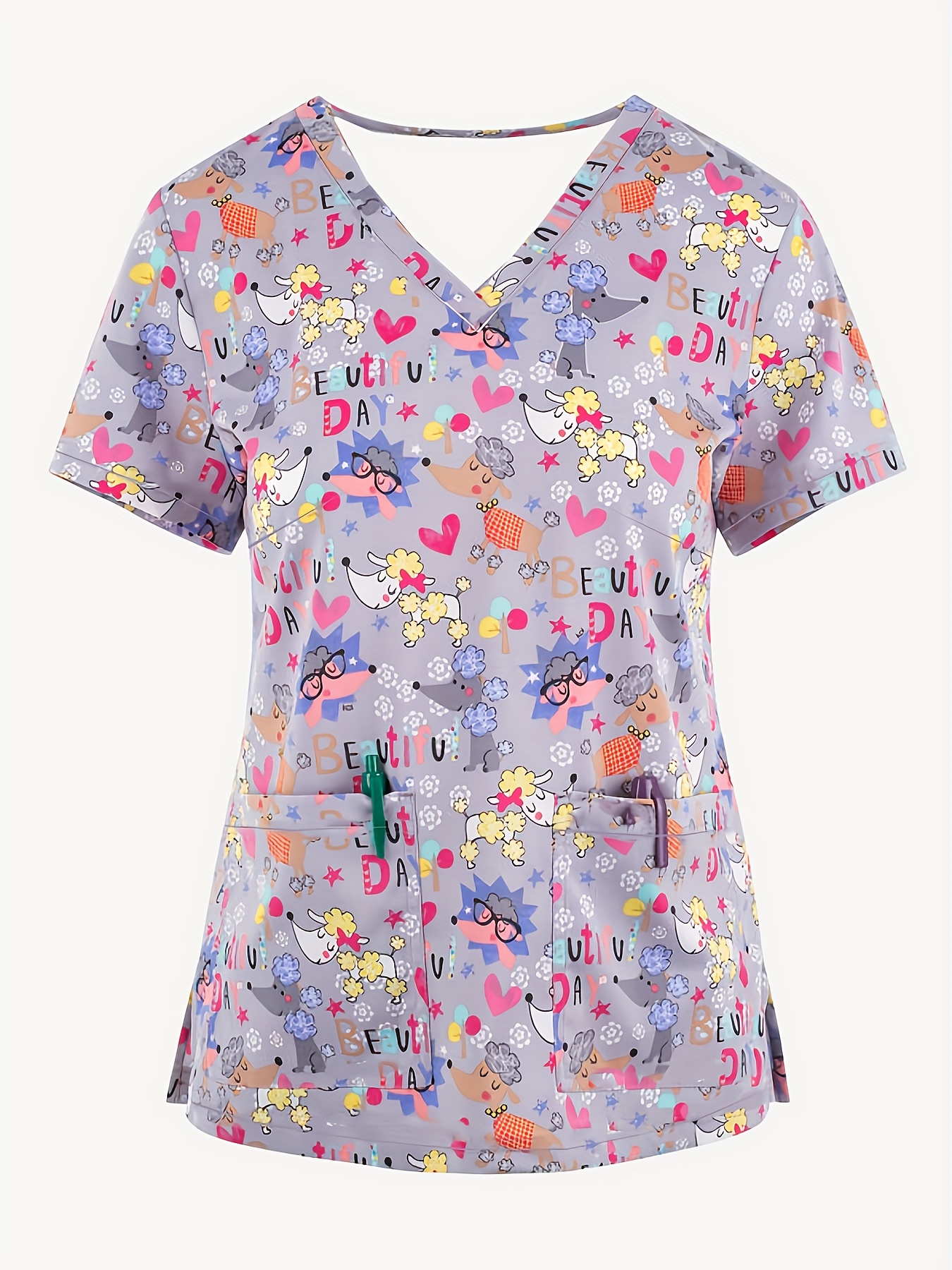 Köpek Pati Desenli Kısa Kollu Yırtmaçlı T-shirt, Hemşireler İçin Rahat Fonksiyonel Yama Cebi V Yaka Sağlık Kıyafeti, Kadın Giyim