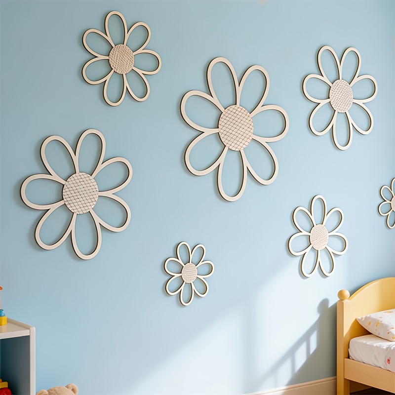 TEMU 7pcs Décoration Murale Marguerite en Bois Style Nordique, Auto-Adhésive, Motif Floral Irrégulier Réutilisable, Convient pour les Fêtes