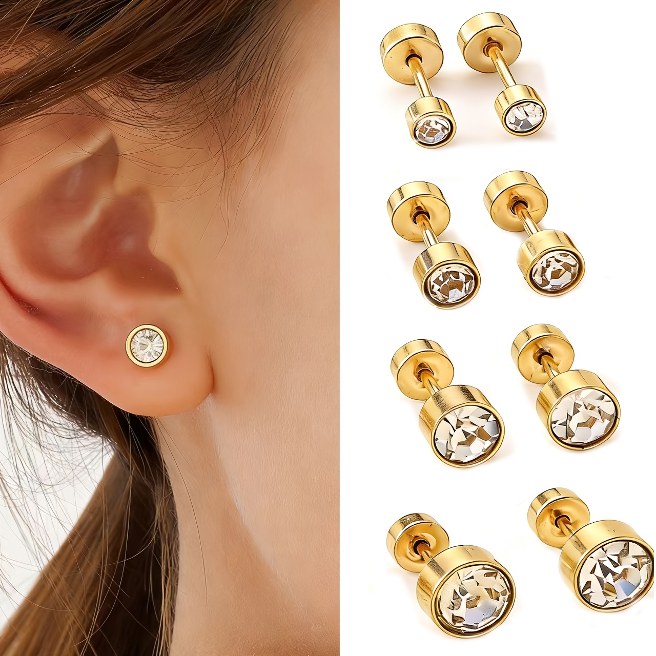 TEMU 4 Pairs--round Inlaid 304 304 304 304 Stainless Steel Stud Earrings, 3/4/5/6mm Combination Round Golden Silvery--earrings Hypoallergenic Screw