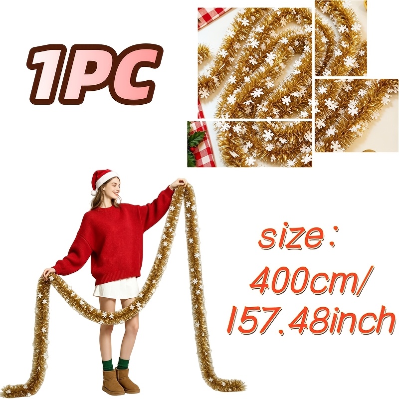 TEMU 157.48 Inch = 1pc Of Light Luxury Golden Christmas Snowflake Fringe Trim With White Snowflakes, Suitable For Entry Doors, Living Rooms,