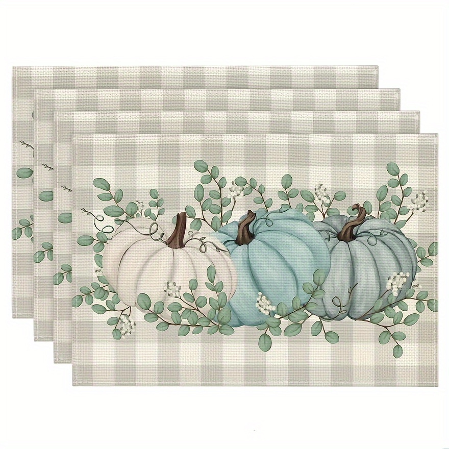 

Thanksgiving Christmas Plaid Pumpkins Eucalyptus Leaves Fall Placemats Set Of 2/4/6/8, 12x18 Inch Autumn Table Mats For Party Kitchen Dining Table Decorations