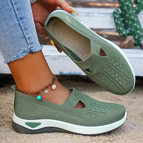 womens breathable knit sneakers slip on walking shoes with non slip rubber green perforated design for airflow ladies sneakers