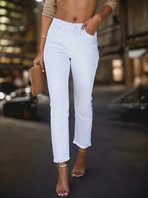 2025 white straight leg plain white zipper button closure denim pants womens denim jeans clothing
