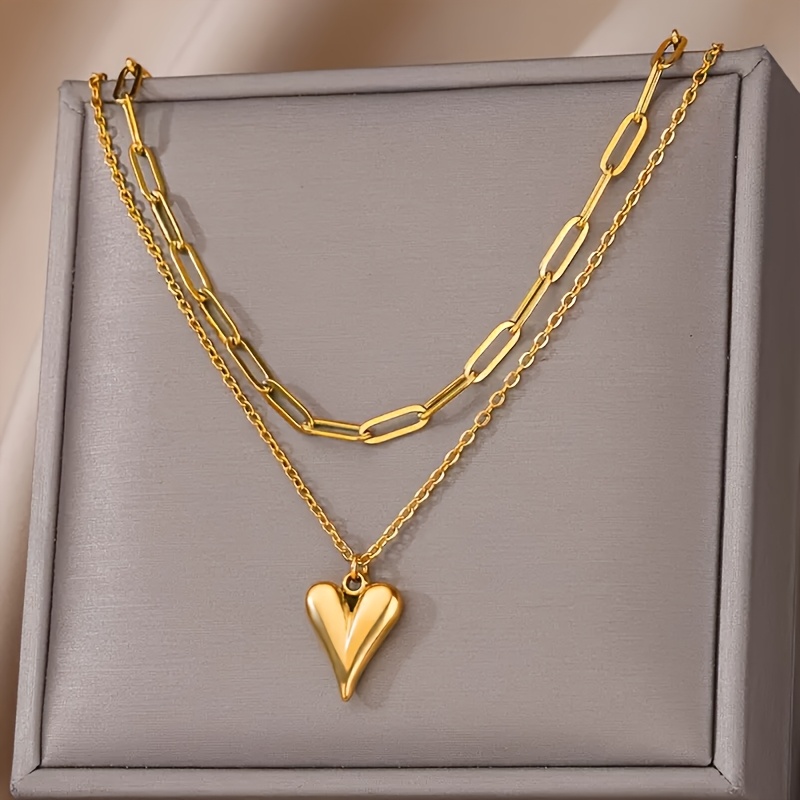 Elegant Lady Stainless Steel Three-dimensional Love Heart Pendant Casual Vacation Versatile Double-layer Pendant Necklace