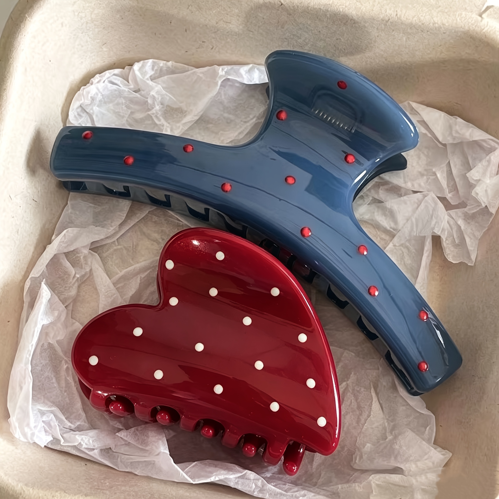 TEMU 2pcs Vintage Polka Dot Heart Shark Clip Set, Burgundy Heart + Blue Long Barrette Combination, Glossy Finish For A Gentle Vibe, Versatile And