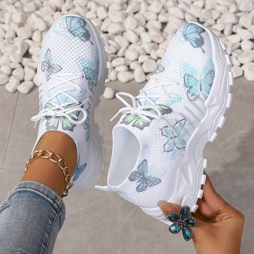 Women's Butterfly Pattern Sneakers, Casual Lace Up Outdoor Shoes, Breathable Knit Low Top Shoes
