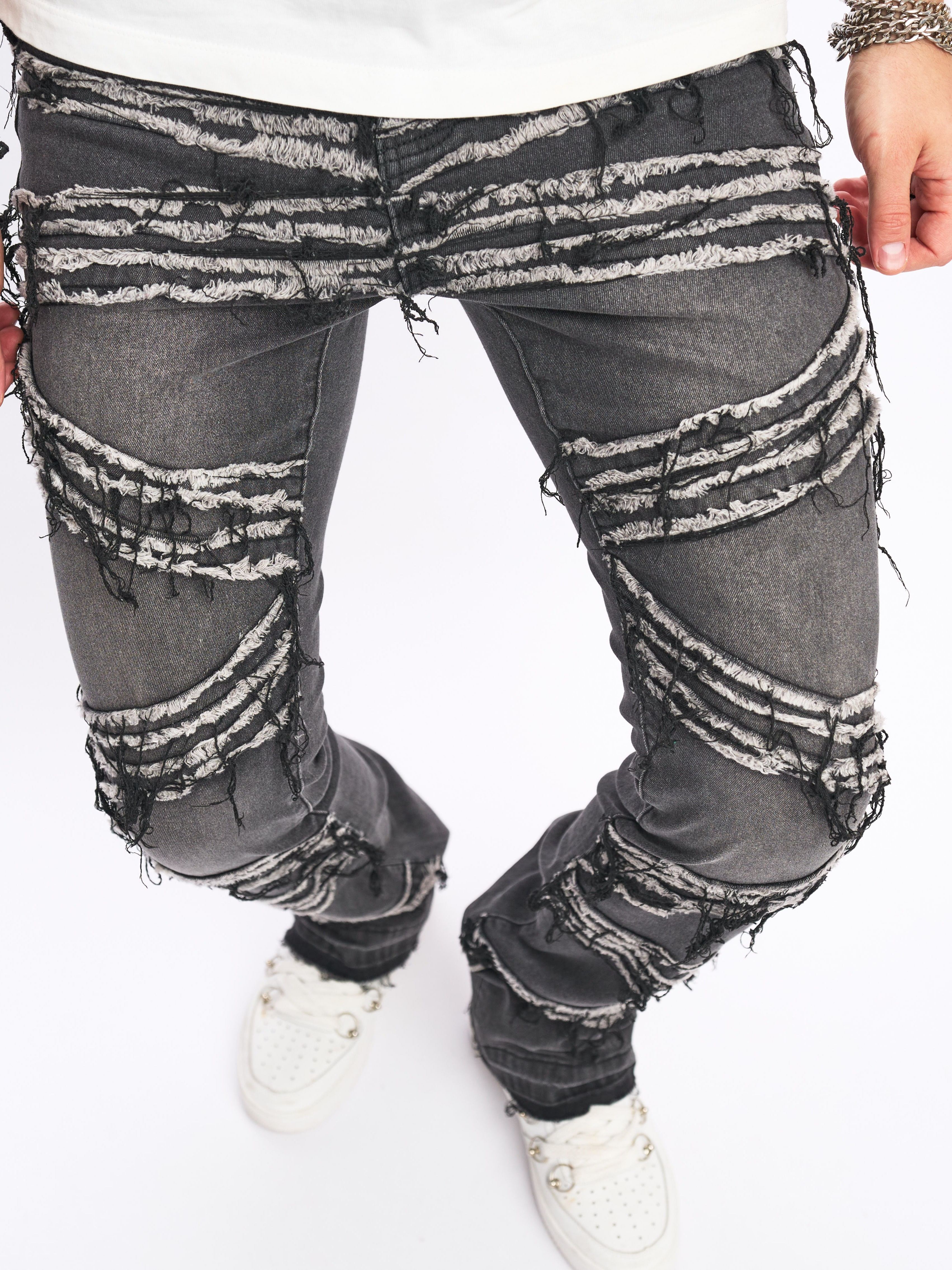 men's distressed fringe vintage wash flare denim jeans basic