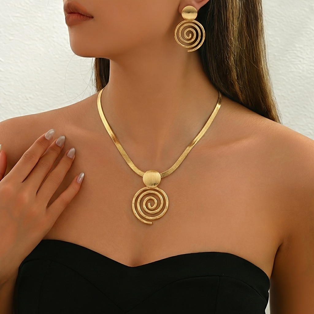 TEMU 2pcs Set Necklace And Earrings Set, Snake Chain With Spiral Pendant And Stud Earrings, , Suitable For For Commuting, Dating, Social Occasions,