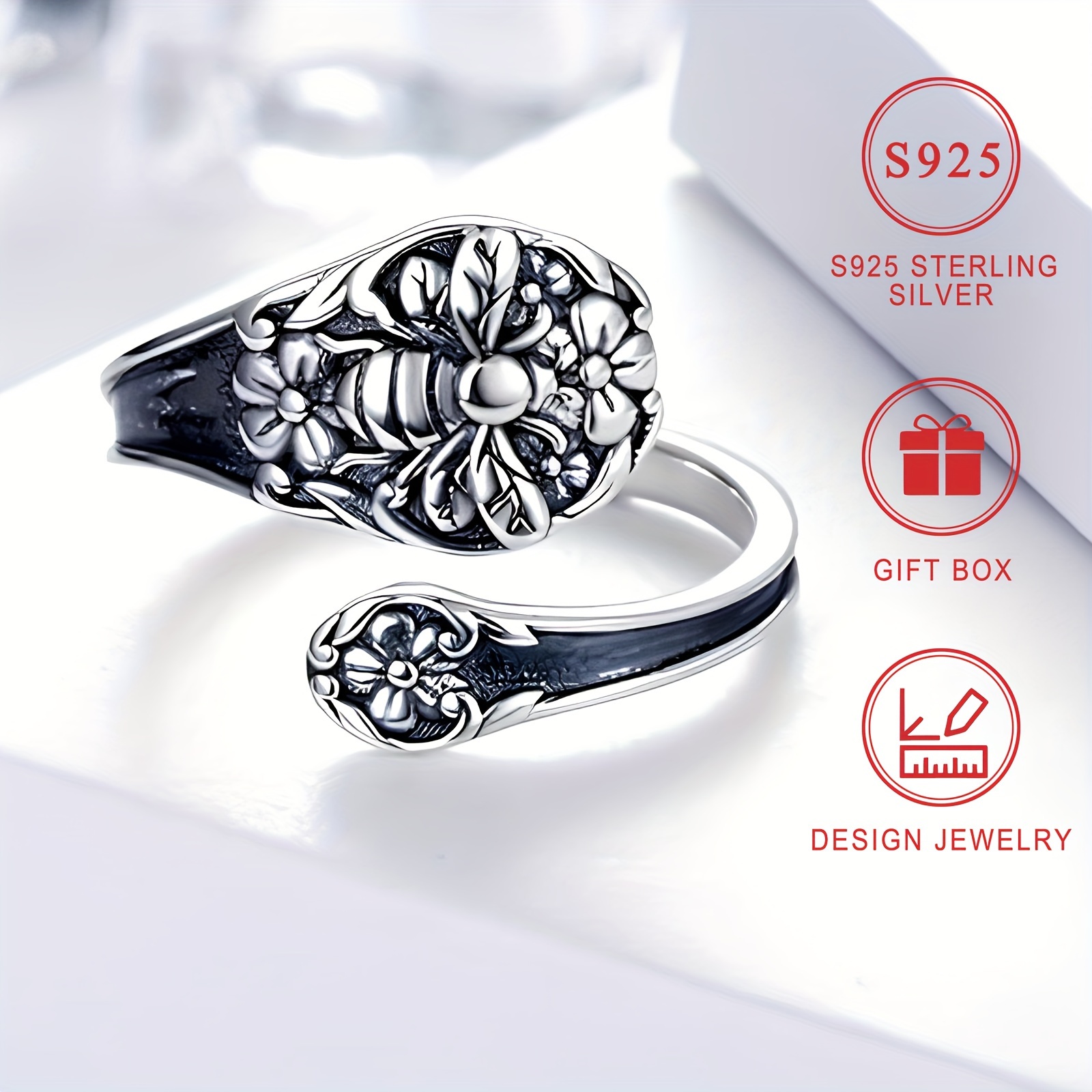 

S925 Sterling Ring With 3d Bee & Floral , Vintage Bohemian Style Victorian Jewelry, Hypoallergenic , Gifts For Women With Gift Box