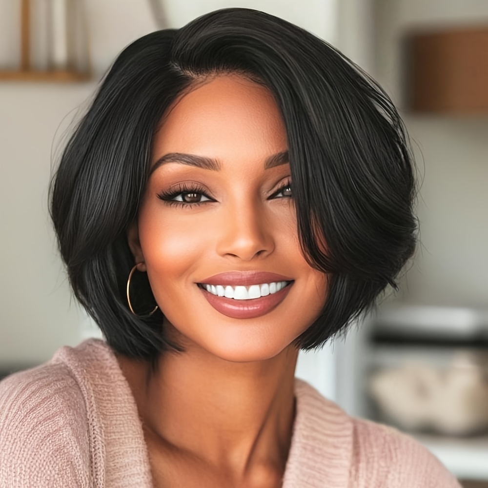 TEMU Short Bob Wig For Women - Synthetic Hair 120% Density Body Wave Black Elegant Natural Look Versatile Hairstyle For All , Short Hair Wigs, Everyday Hairpiece, Chic