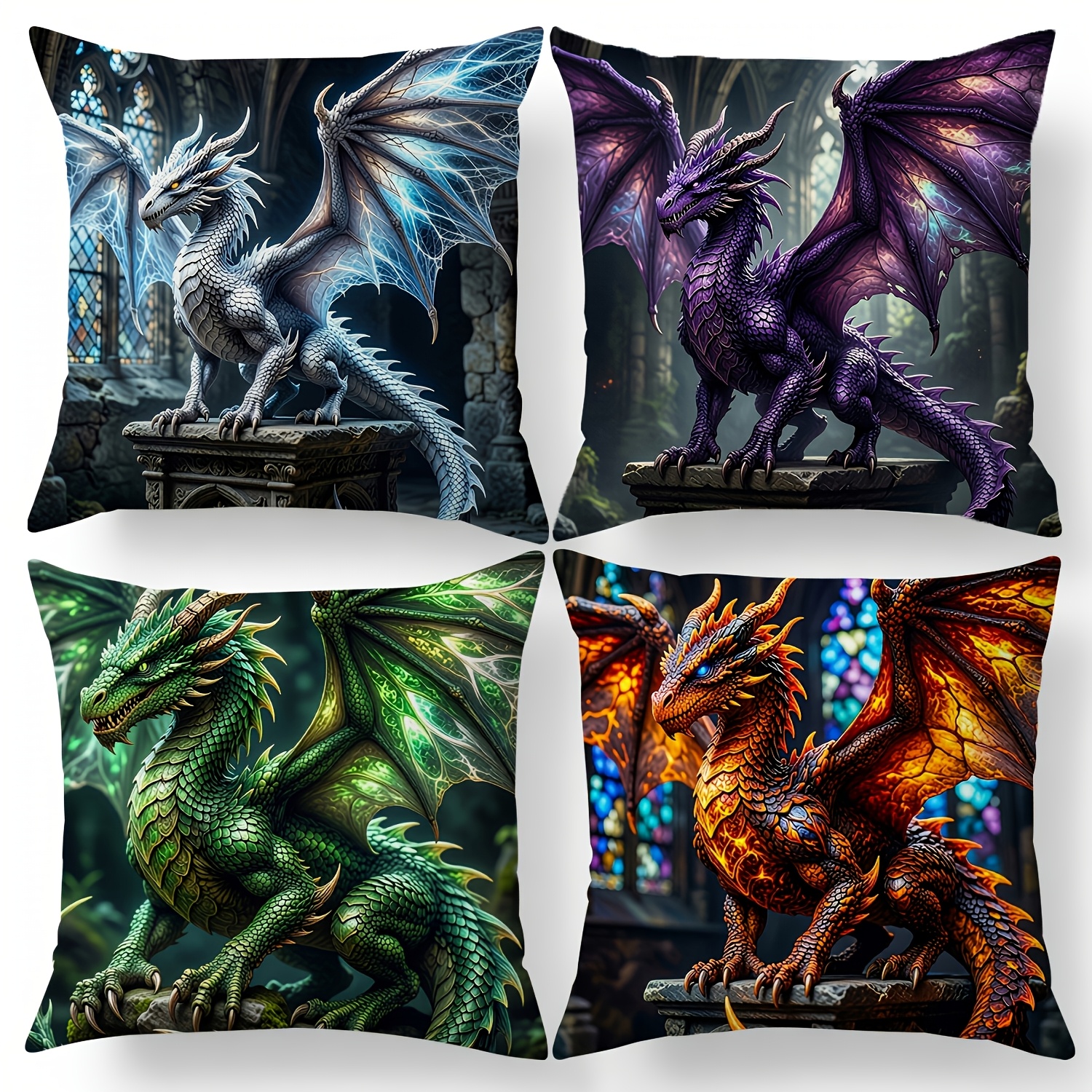 TEMU 4-pack Covers, Double-sided Dragon Print Cushion, Colorful Dragon Throw Pillow, Halloween Party Decor, Home Decorative Pillow, Sofa Bed Chair