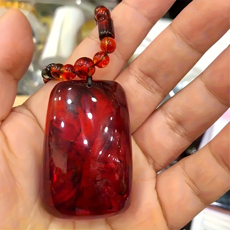 Image of 1pc High-end Amber Pendant Necklace, Unisex Fashion Charm Accessory, Natural Red Amber Talisman Gift