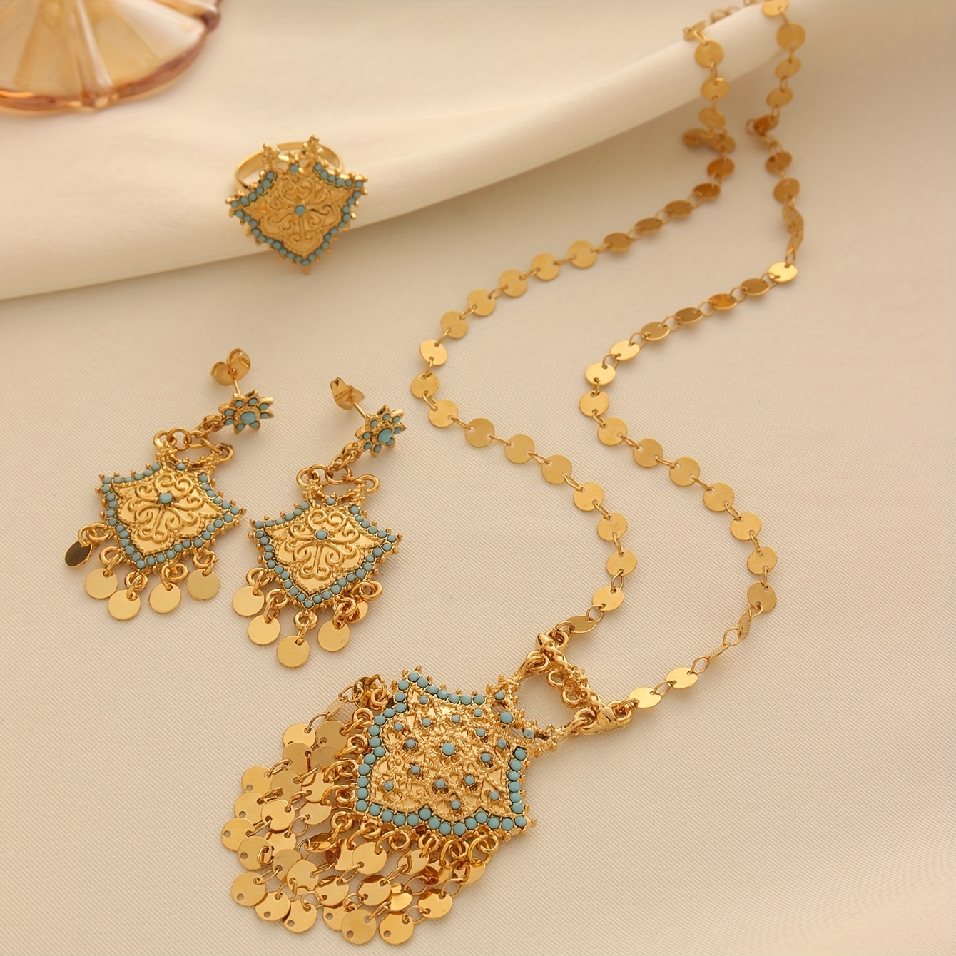 1 set of gorgeous ethnic style copper alloy plated   round   tassel blue stone inlaid pendant necklace stud earrings ring jewelry set suitable for womens daily wear holiday gifts