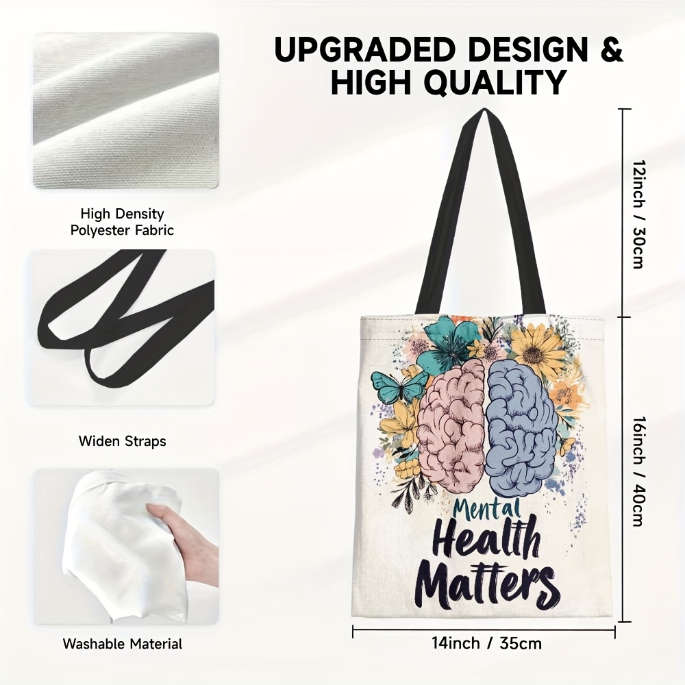 TEMU 1pz Borsa Tote in Tela - Elegante design " Mentale Conta" con illustrazione di e , Borsa a Spalla in Poliestere, Regalo per , famiglia o persone