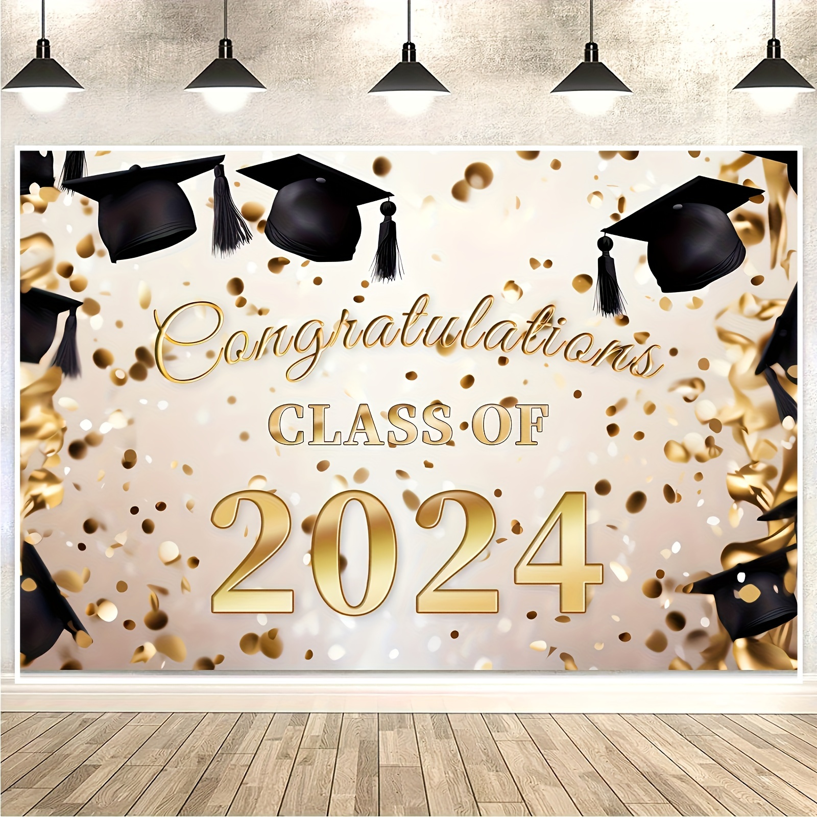 

1pc, Class Of 2024 Graduation Backdrop - Black Golden Glitter - Large Party Background - Congrats Grad Banner - Photo Booth Props