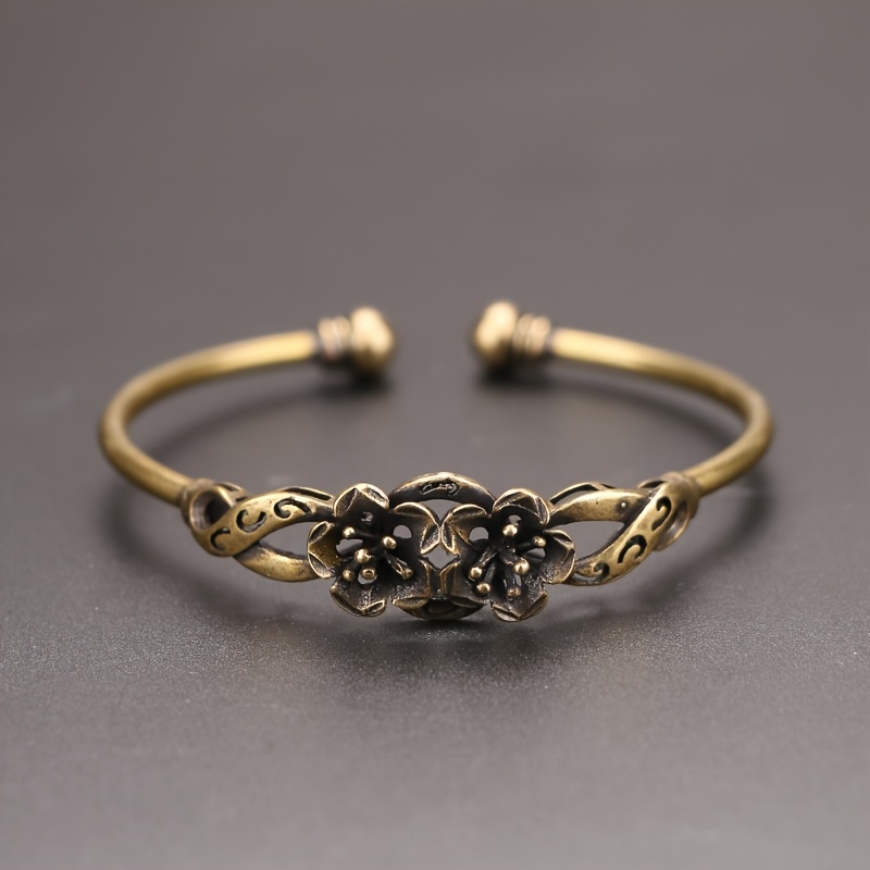 TEMU Adjustable Vintage 3d Flower Bangle - Handmade Pure Copper Jewelry With Intricate & , Unisex Retro Couple's Gift For , Simple Elegant Bracelet