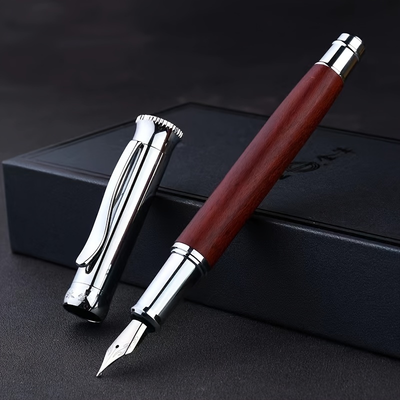 

Premium Rosewood Fountain Pen With Fine Nib - Quick-dry Ink, Ideal For Business Calligraphy & Writing Practice