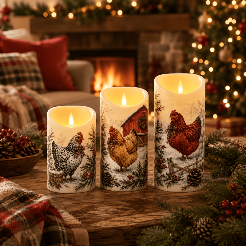 TEMU 3pcs Christmas Flameless Led Pillar Candles, Farmhouse Chicken & Red Barn Design, Battery Operated Flickering Candles, Rustic Home Decor, Table