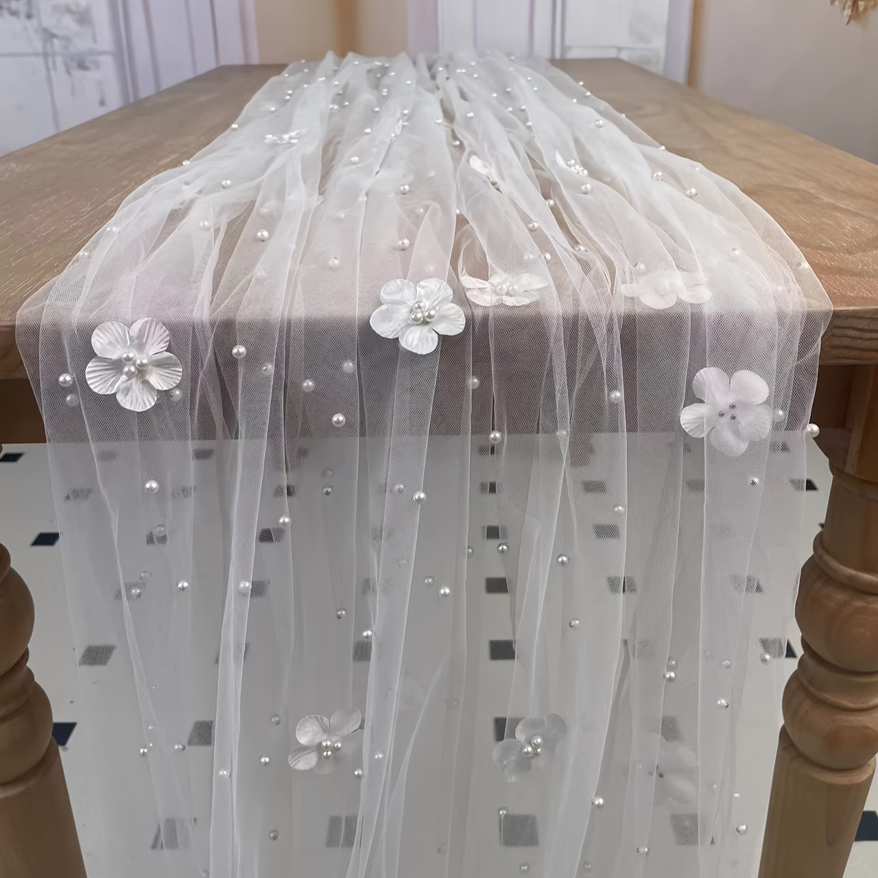 

Elegant & Floral Sheer Tulle Table Runner - Lightweight Chiffon Beaded Bridal Veil With Lace , Wedding Receptions & Bridal Showers