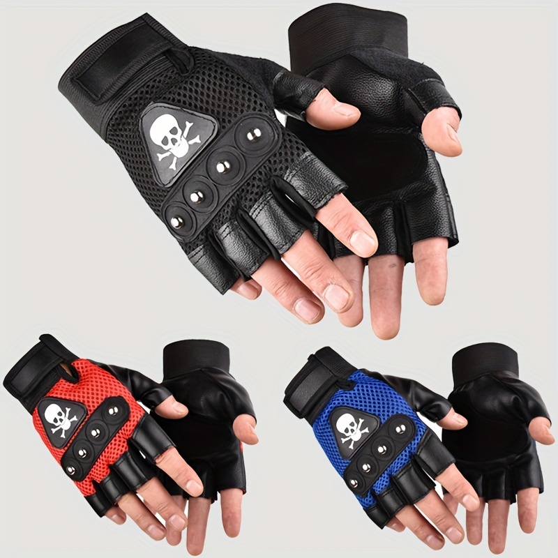 

1 Pair Fingerless Sports Gloves With Design - Breathable & Anti-slip, Leather For Cycling, Fishing & Outdoor Activities, In Black, Red, Blue, White